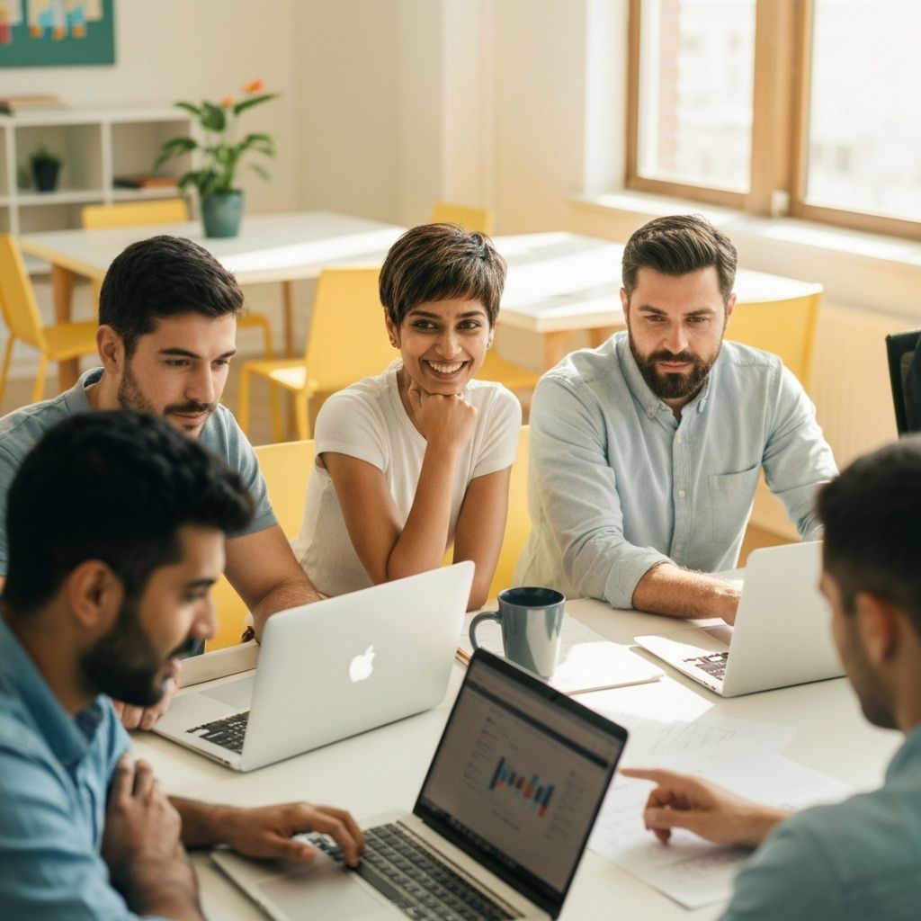 Creative team collaborating on laptops